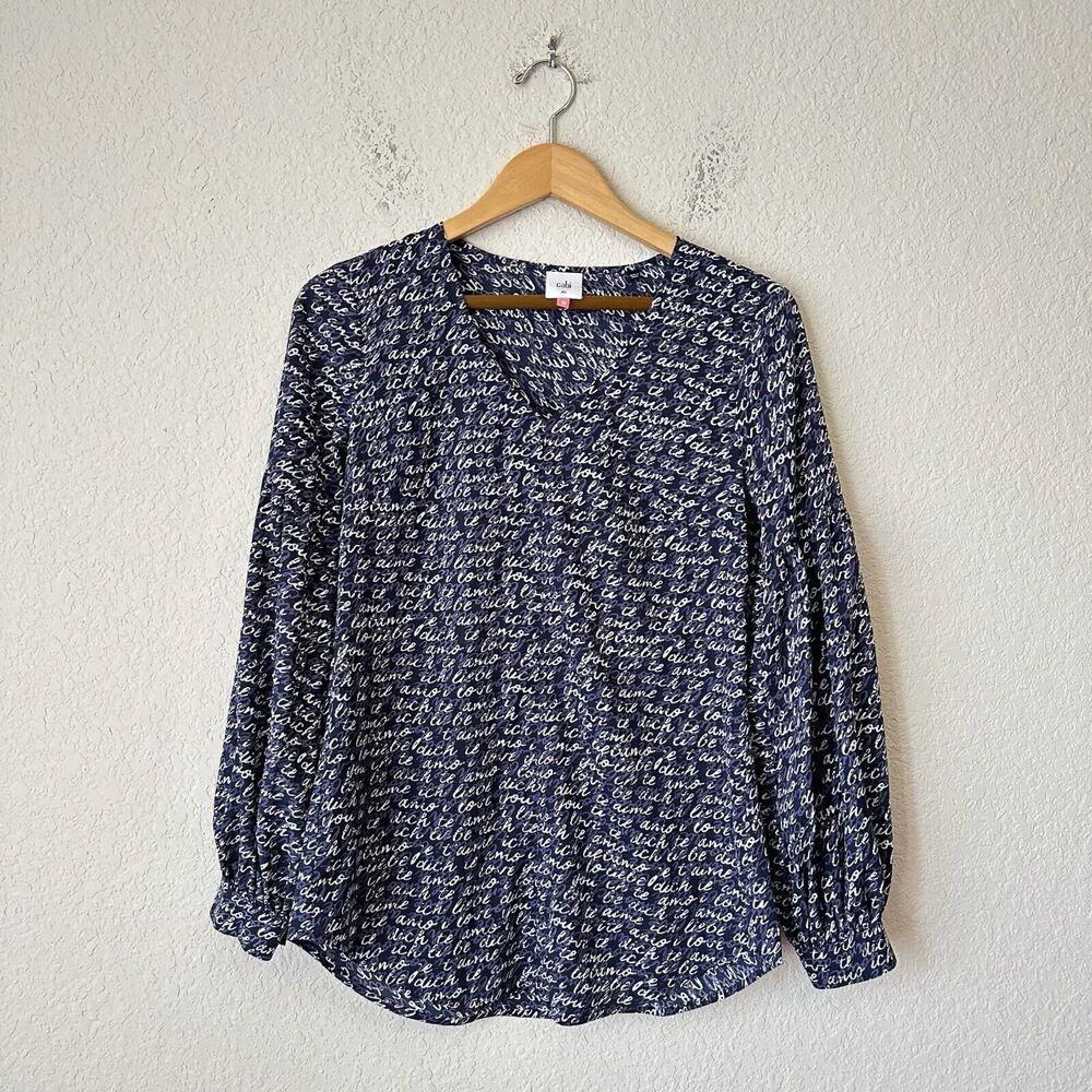 CABI #5336 Te Amo Love Script Blouse Puff Sleeve in Navy